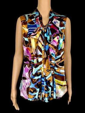 New Cache Silk Multicolor Sleeveless Top Tie Neck Size L